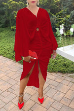  Fashion V-neck Batwing Sleeve Drawstring Midi Dress