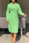  Fashion Solid Color Button Long Sleeved Midi Dress (Without Belt)