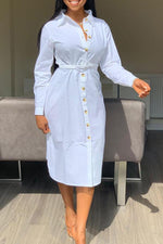  Fashion Solid Color Button Long Sleeved Midi Dress (Without Belt)