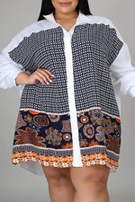 Geometric Print Plus Size Long Sleeved Single Breasted Shirt Mini Dress