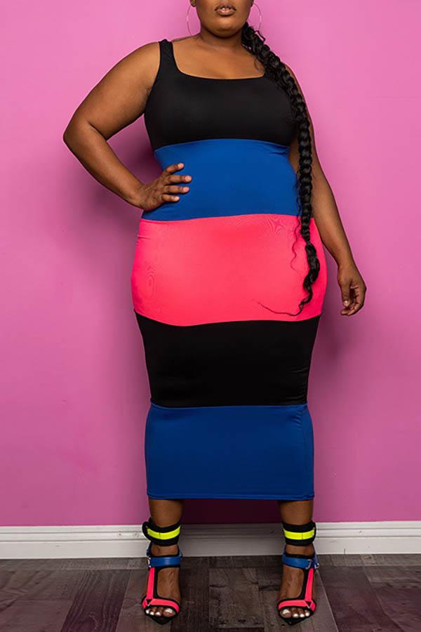 Sexy Suspender Slim Color Block Stitching Plus Size Midi Dress
