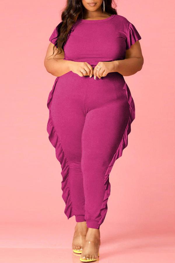 Casual Ruffled Solid Color Plus Size Pant Suits