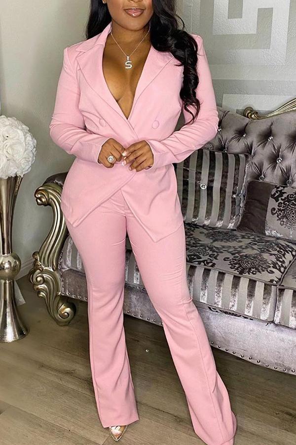 Fashion Casual Double Breasted Solid Color Pant Suits