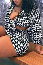  Sexy Deep V-neck Houndstooth Knotted Plus Size Dress Suits