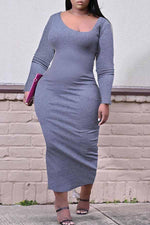Simple Solid Color U Collar Long Sleeved Plus Size Maxi Dress