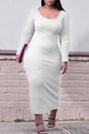 Simple Solid Color U Collar Long Sleeved Plus Size Maxi Dress