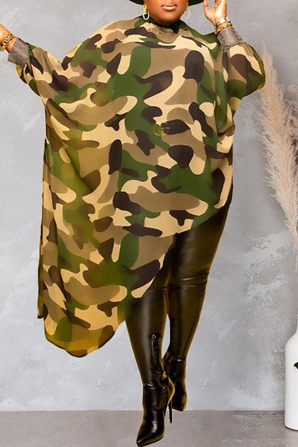  Loose Plus Size Camouflage Print Long Sleeved Irregular Top