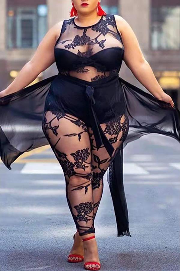Sexy Plus Size Lace See Through Sleeveless Mesh Jumpsuit