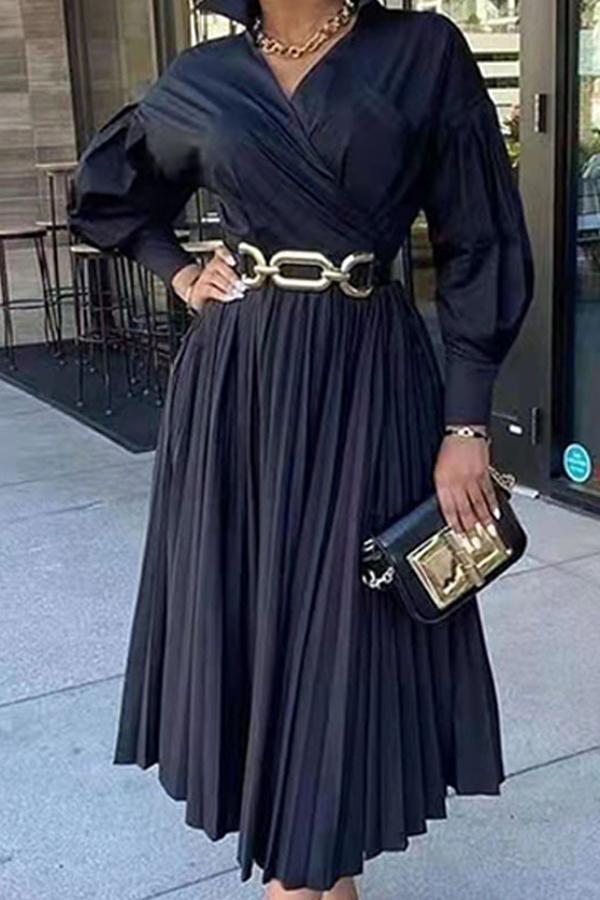 Elegant V-neck Long Sleeve Pleated Maxi Dress