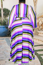  Fashion Striped Plus Size V-neck Lace Up Maxi Dress