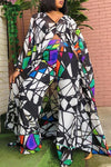 Fashion Chiffon Loose Color Printing V-neck Pant Suits