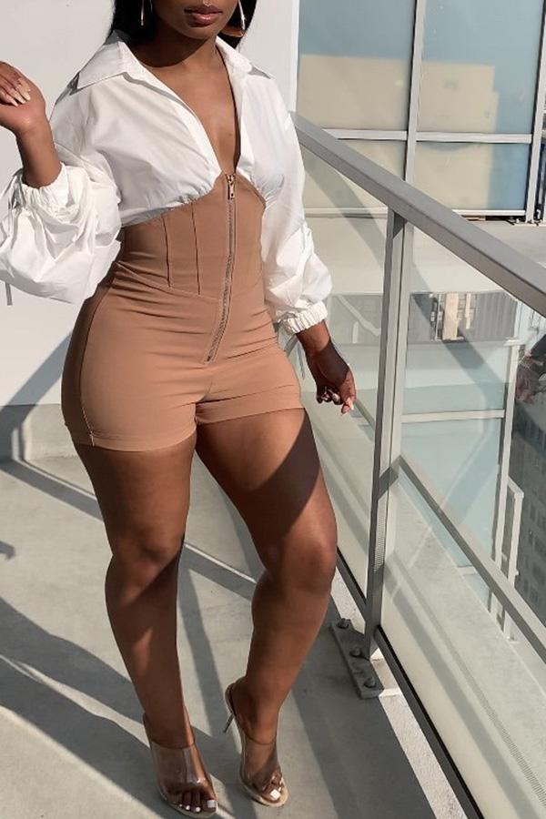 Fashion Plus Size Shirt Stitching Zipper Long Sleeved Rompers