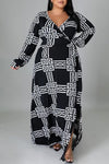 Fashion V-neck Printed Long Sleeved Plus Size Slit Maxi Dress