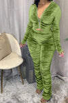 Casual Velvet Pleated Zipper Hooded Two Piece Pant Suits