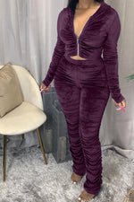 Casual Velvet Pleated Zipper Hooded Two Piece Pant Suits