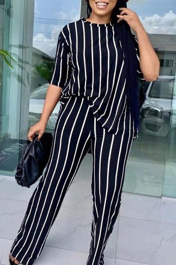 Commuter Striped Round Neck Half Sleeve Loose Pant Suits