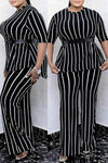 Commuter Striped Round Neck Half Sleeve Loose Pant Suits