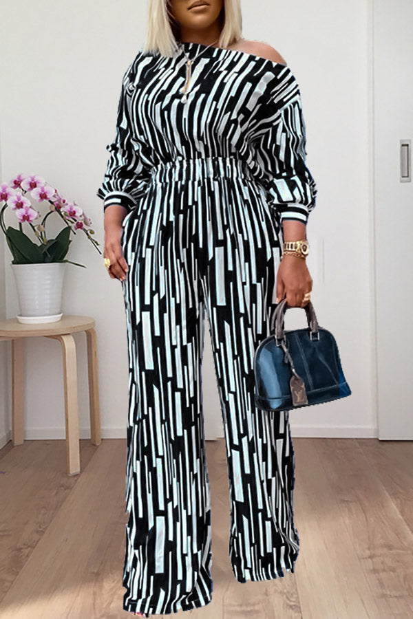 Fashion Plus Size Striped Print Oblique Shoulder Pant Suits