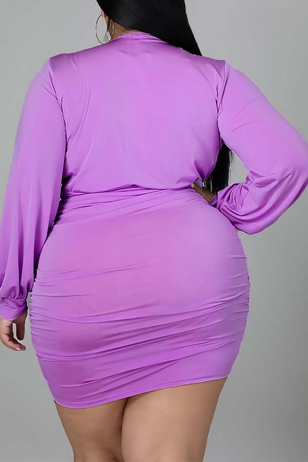 Sexy Solid Color Pleated Deep V-neck Plus Size Mini Dress