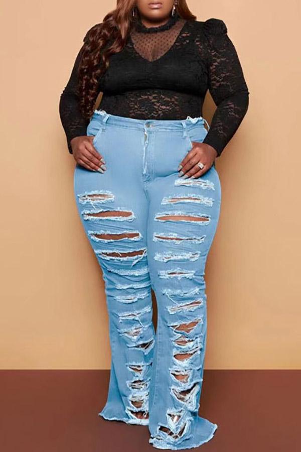 Personalized Plus Size Solid Color Ripped Flared Jeans