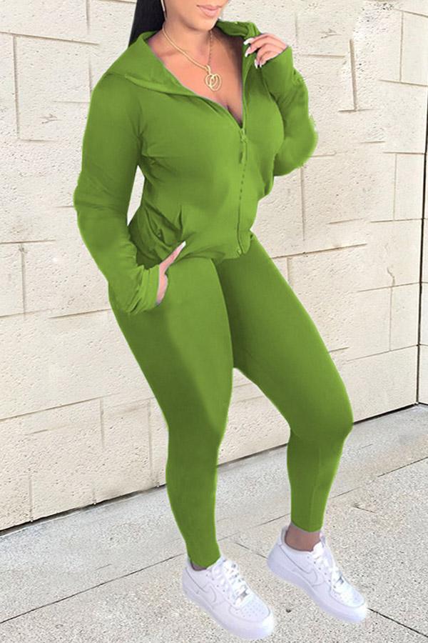 Sport Solid Color Long Sleeved Zipper Hooded Pant Suits