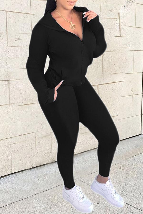 Sport Solid Color Long Sleeved Zipper Hooded Pant Suits