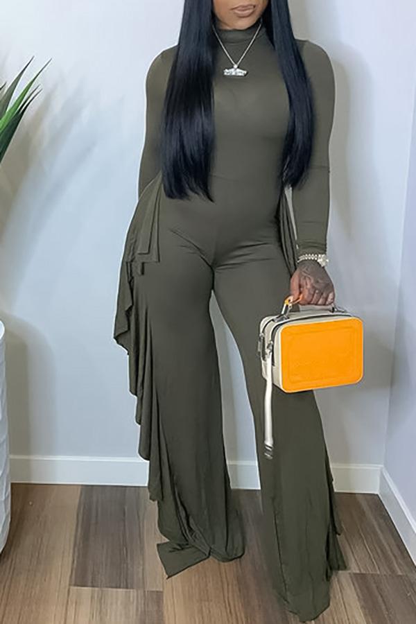 Fashion Solid Color Skinny Ruffle Wide Leg Jumpsuit