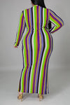 Colorful Striped Print Zipper Slit Plus Size Maxi Dress