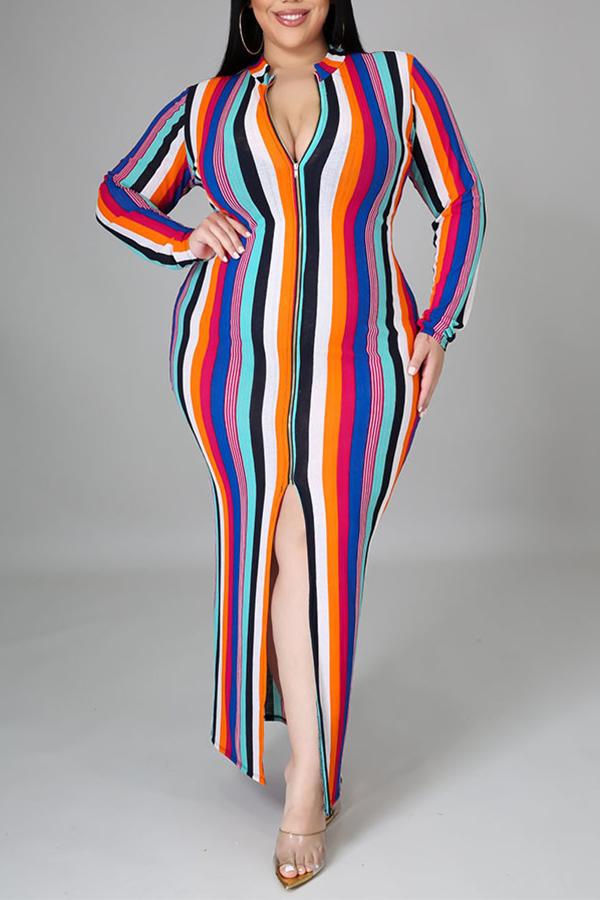 Colorful Striped Print Zipper Slit Plus Size Maxi Dress