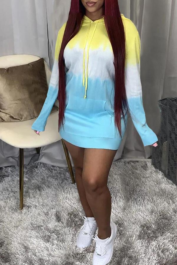 Casual Gradient Color Long Sleeved Hooded Mini Dress