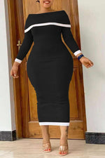 Slim Off Shoulder Long Sleeved Stitching Plus Size Midi Dress