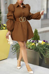 Fashion Pleated Sleeves Solid Color Mini Dress (Without Belt)