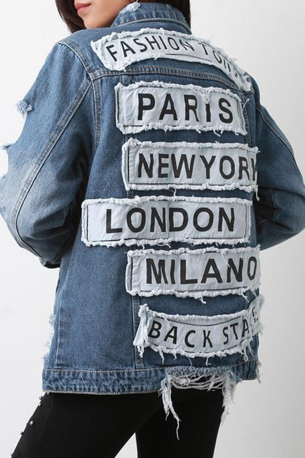 Fashion Loose Letter Patch Ripped Denim Jacket