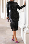 Elegant Sequin Round Neck Fringed Long Sleeve Midi Dress