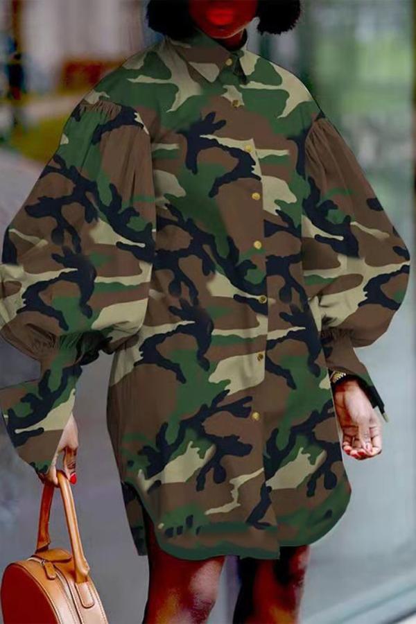 Loose Camouflage Print Puff Sleeve Plus Size Mini Dress