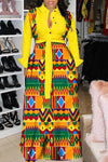 Fashion Color Print Long Sleeved Lace Up Maxi Dress