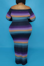 Sexy Gradient Striped V-neck Plus Size Maxi Dresse