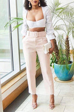 Commuter Solid Color High Waist Belt Cropped Trousers