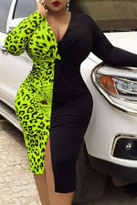 Sexy Leopard Stitching Irregular V-neck Plus Size Midi Dress