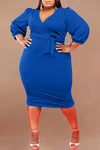 Temperament 3/4 Length Sleeve Plus Size Solid Color Midi Dress