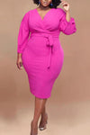 Temperament 3/4 Length Sleeve Plus Size Solid Color Midi Dress