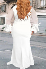 Elegant Mesh Stitching Flared Sleeve Bowknot Plus Size Maxi Dress