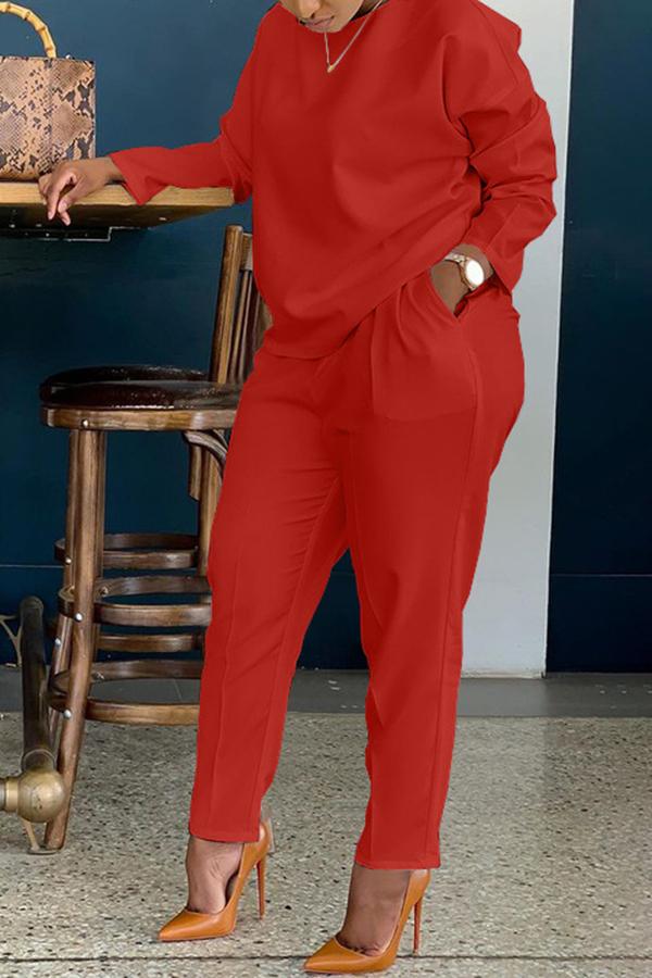 Simple Solid Color Round Neck Pocket Pant Suits