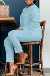 Simple Solid Color Round Neck Pocket Pant Suits