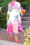 Temperament Peony Print Tie Collar Pleated Plus Size Maxi Dress (Without Belt)
