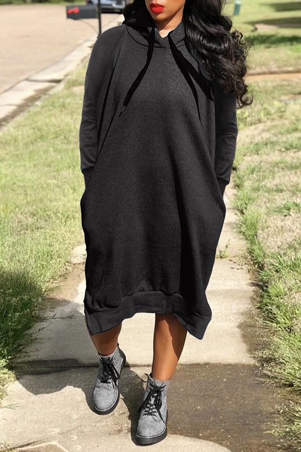 Loose Solid Color Drawstring Sports Hooded Midi Dress