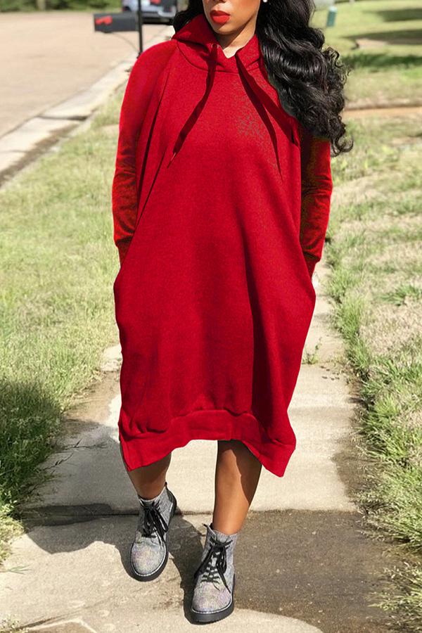 Loose Solid Color Drawstring Sports Hooded Midi Dress