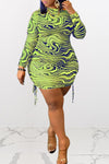 See Through Abstract Net Gauze Print Pleated Plus Size Mini Dress