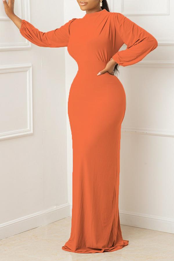 Elegant Long Sleeved Solid Color Slim Maxi Dress