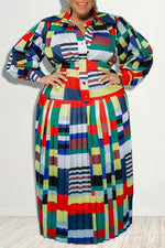 Multicolor Block Print Belt Plus Size Pleated Maxi Dress